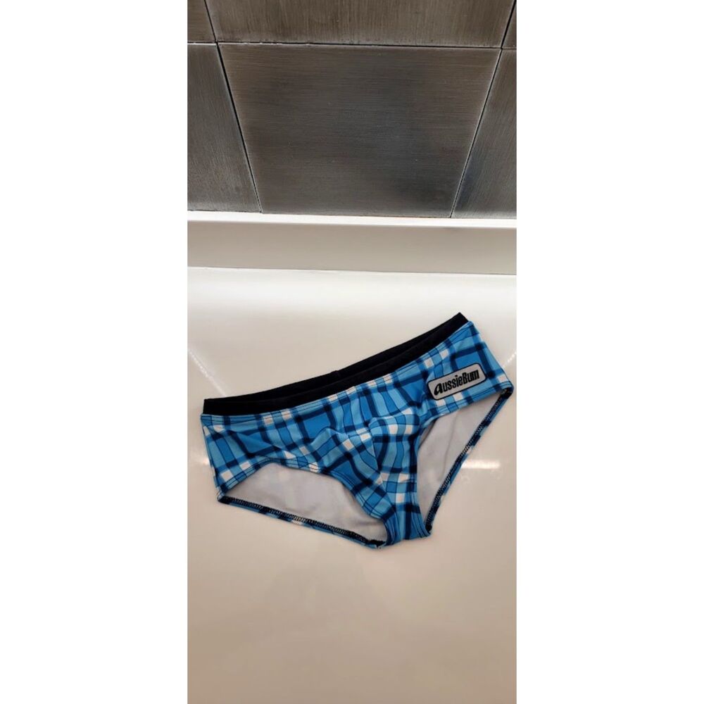 AussieBum Swim Brief Men's XS Blue Plaid Pool Party Gay Low Rise Contour Pouch - Picture 2 of 8